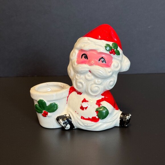 Vintage Santa Claus Ceramic Candle Holders Set Of 2 Festive Christmas Decor Red - Picture 11 of 16